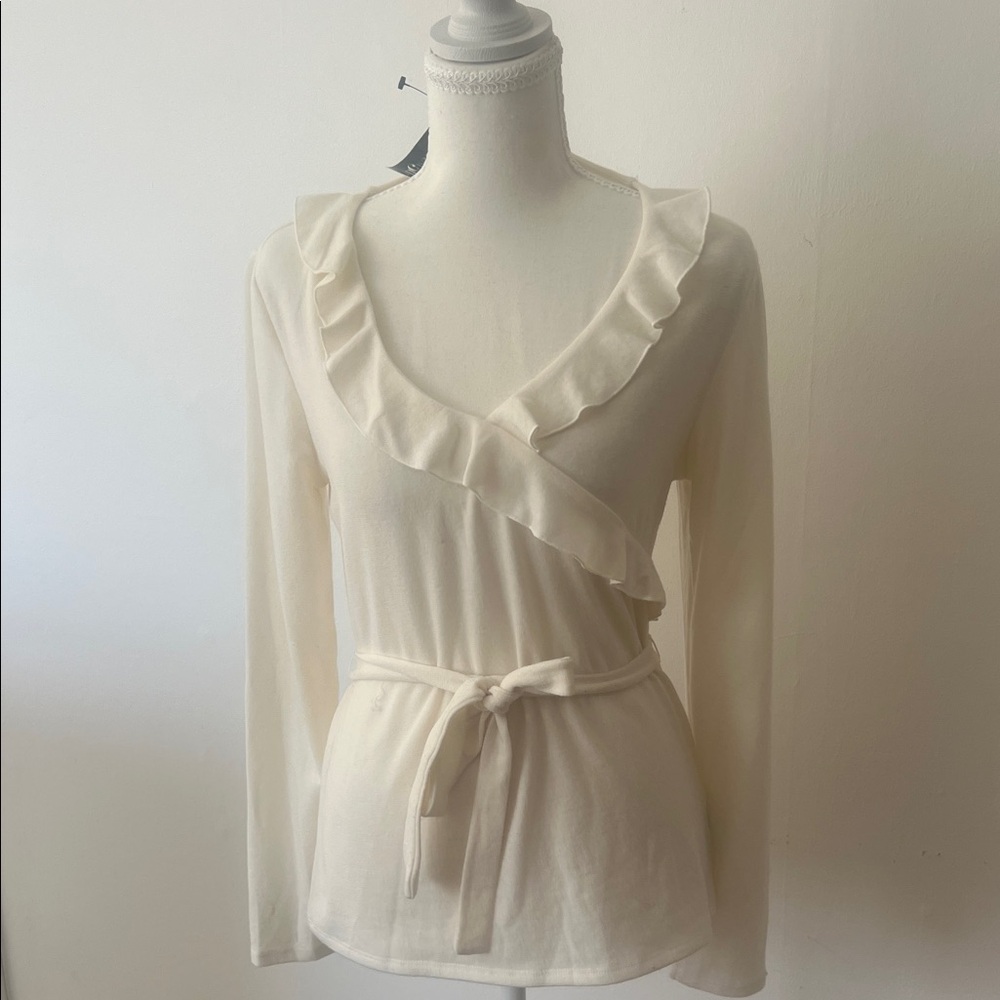 East 5th Elevated basic Cream Ruffle Wrap Blouse with Tie Waist. Womens Size 4.